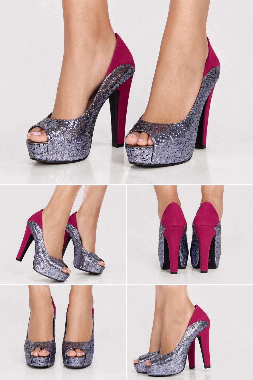 Michael Antonio Hot Pink & Silver Glitter Platform Peep Toe Heels | Size 6 NWOB